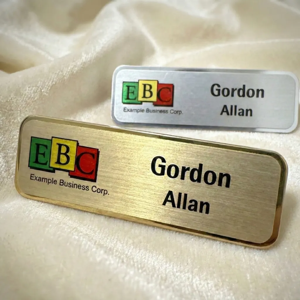 Duotone premium metal custom name badges Silver gold.webp