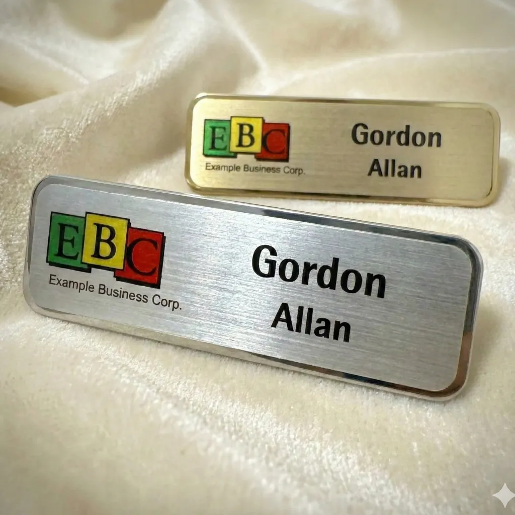 Duotone premium silver metal custom name badges.webp