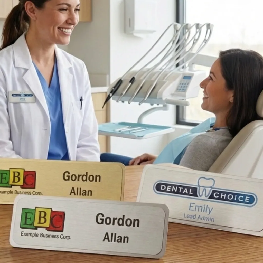 Duotone premium metal custom name badges demo.webp