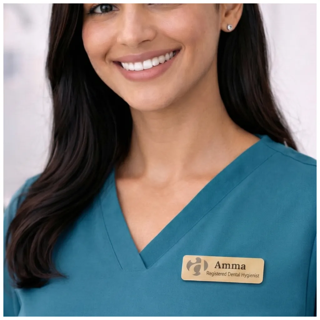 custom-nurse-name-tag-personalized-dental-hygienist-badge-gold-magnet-backing and dentist.webp